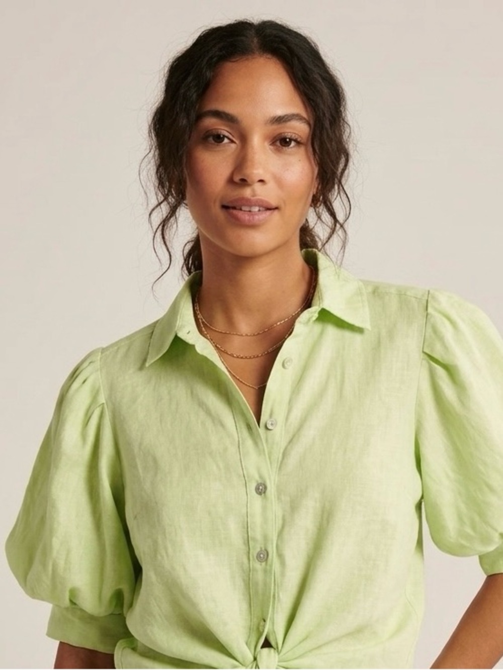 Finley Light Green Puff Sleeve Button-Front Shirt